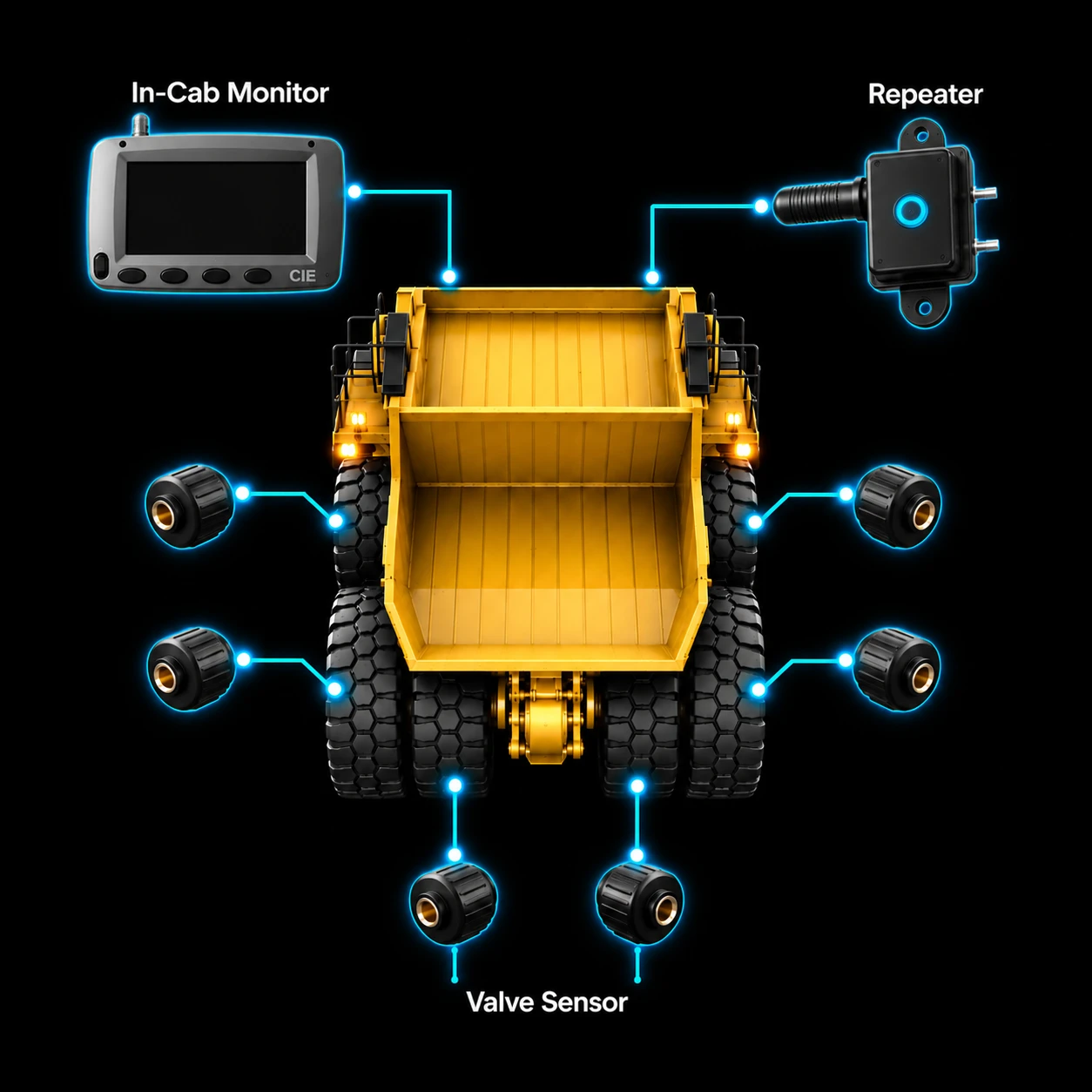 TyreCOP Lite system layout on a haul truck: the in-cab monitor and the Repeater, with a valve sensor on every wheel position